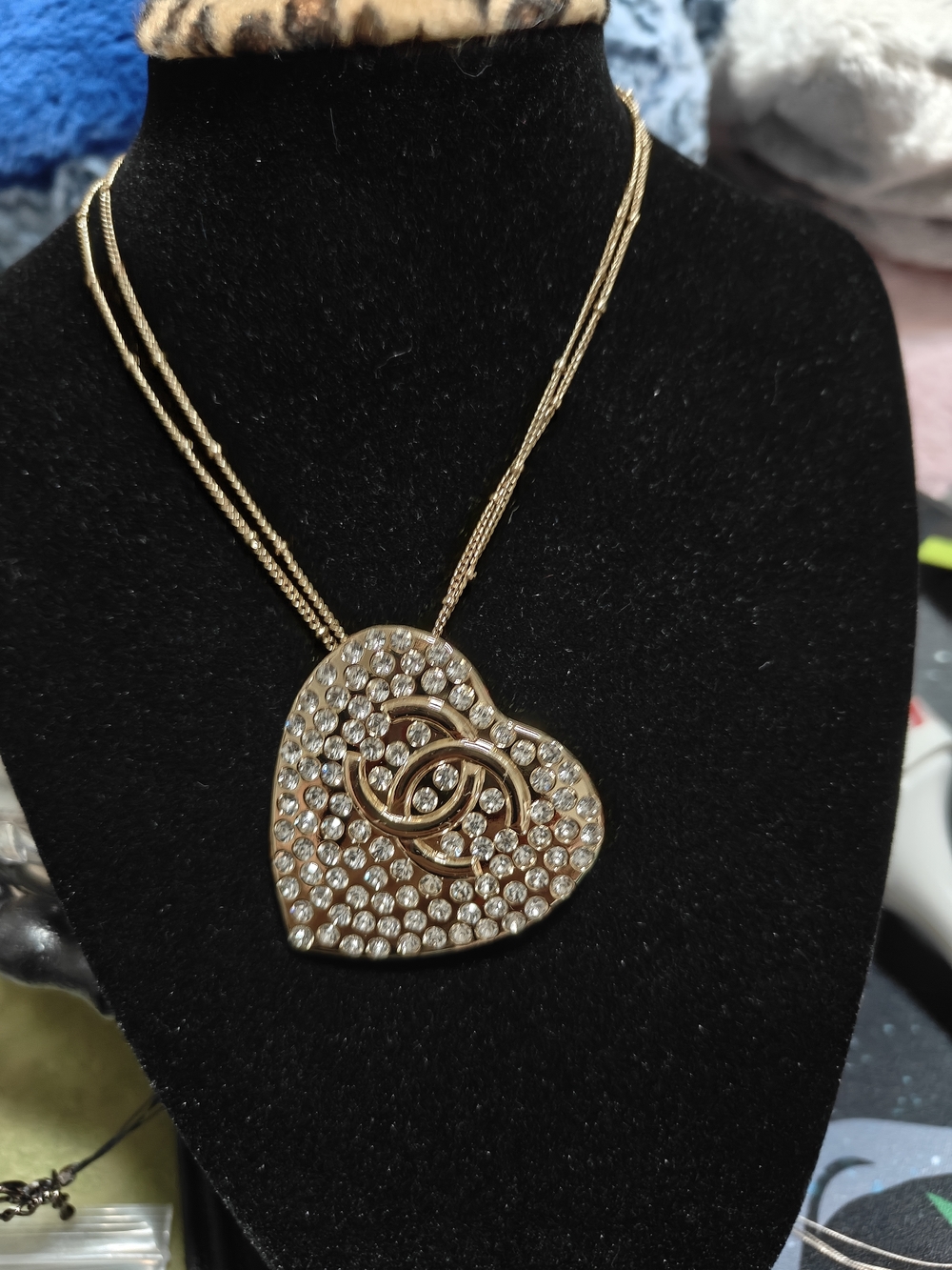 Costume Chanell Gold Heart Crystal Pin/ Necklace - Gold Tone